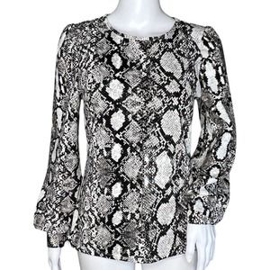 Express Shirt Womens Small Black Gray Snake Print Blouse Puff Sleeves Reptile‎